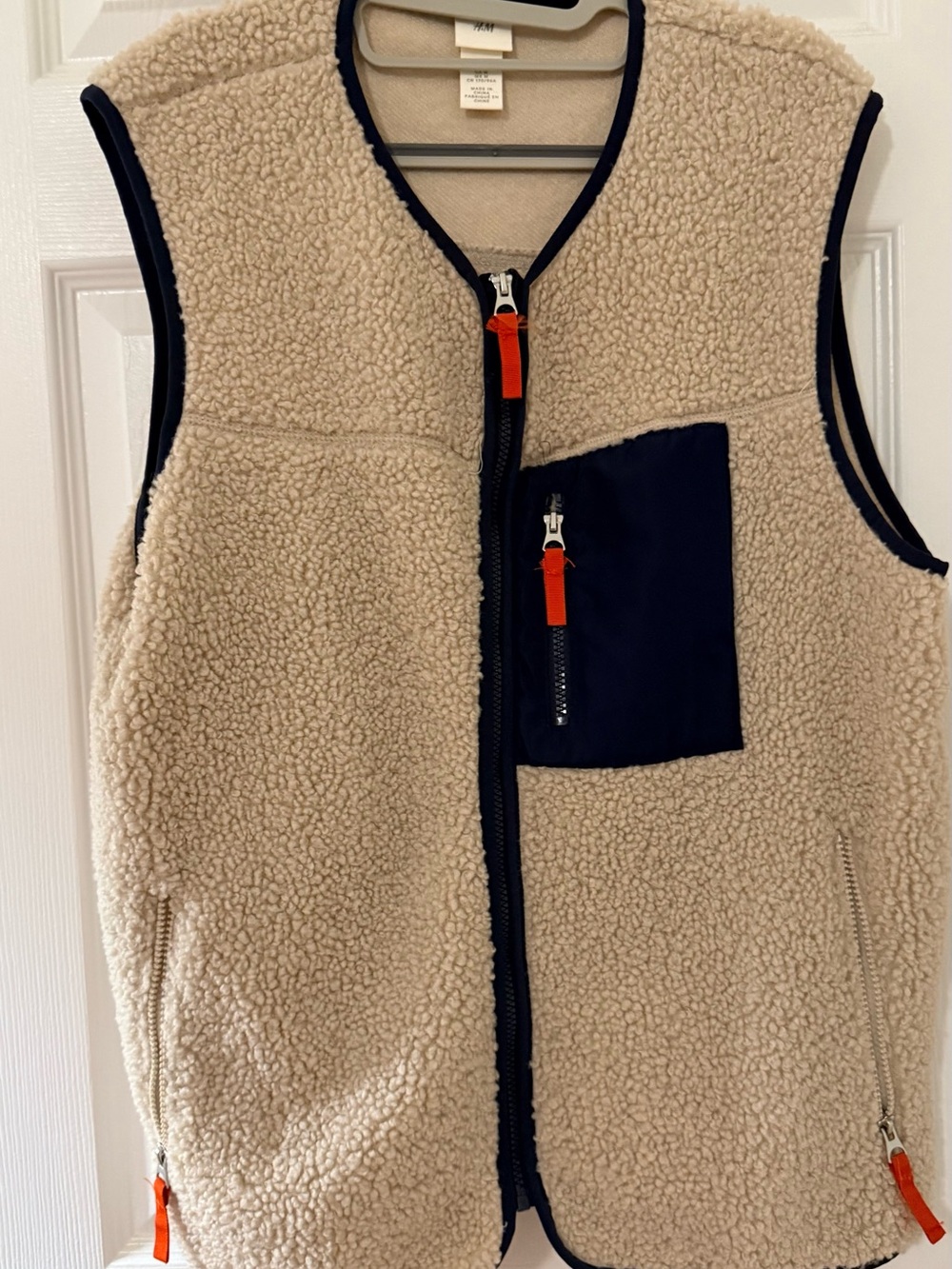 H&M Cream Sherpa Vest with Navy Pocket and Trim
